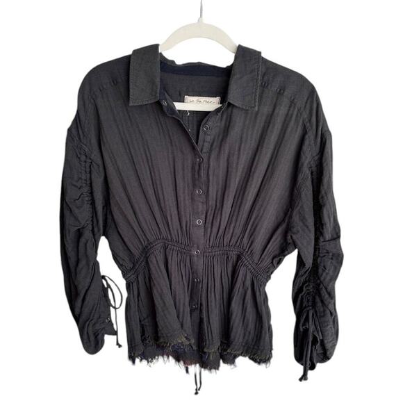 We The Free Long Sleeve Grey and Navy Top with Cinched Waist - Size Medium - Picture 1 of 3